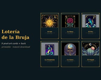Lot de cartes Lotería de la Bruja | 9 cartes Pixel Art + dos | Deck de style Tarot Bruja mexicain à imprimer | Téléchargement instantané | Art latino