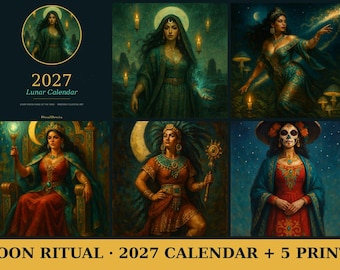 Lot Rituel lunaire | Calendrier lunaire 2027 + 5 impressions célestes | Ensemble d'oeuvres d'art murales phases de lune, imprimable | Téléchargement instantané