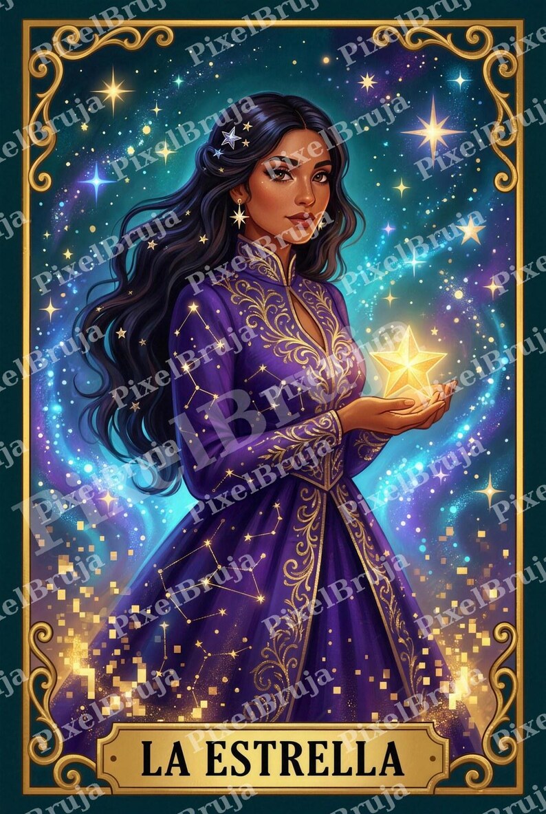 Ensemble d'impressions trio céleste Loteria | La Sirena La Luna La Estrella | Pixel Art Latina Bruja | Art populaire mexicain | Art mural en téléchargement numérique image 7
