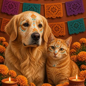 May include: A golden retriever and an orange tabby cat with white and teal floral face paint. They are surrounded by orange marigold flowers and two terracotta candle holders with lit candles, set against a backdrop of colorful paper banners.