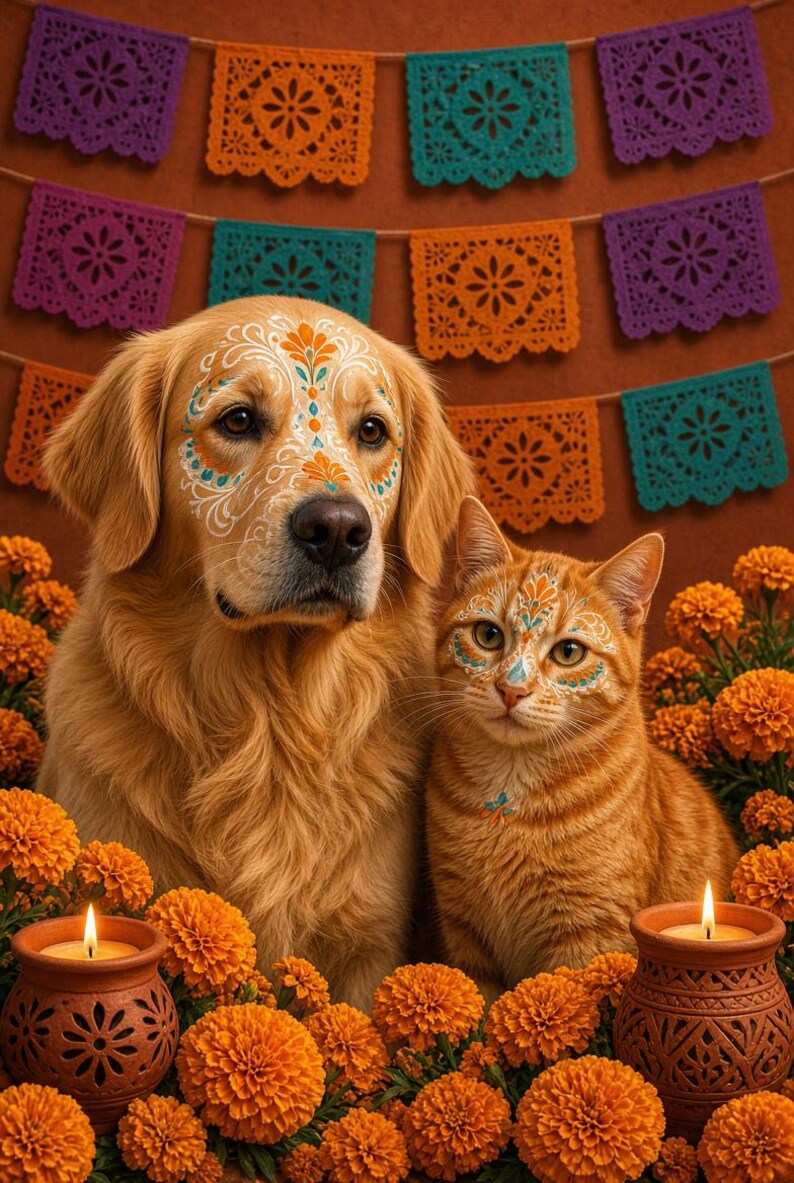 May include: A golden retriever and an orange tabby cat with white and teal floral face paint. They are surrounded by orange marigold flowers and two terracotta candle holders with lit candles, set against a backdrop of colorful paper banners.