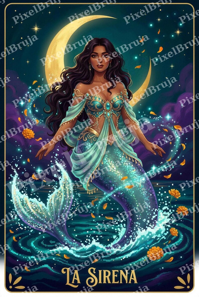 Ensemble d'impressions trio céleste Loteria | La Sirena La Luna La Estrella | Pixel Art Latina Bruja | Art populaire mexicain | Art mural en téléchargement numérique image 6