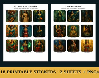 Feuille d'autocollants imprimable | 18 figurines Bruja et déesse | Stickers Catrina, Junk Journal, agenda numérique PNG | Téléchargement instantané