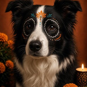 May include: A black and white Border Collie dog with intricate orange, white, and teal face paint designs around the eyes and forehead. The dog has brown eyes and is positioned near bright orange marigold flowers and a lit candle.