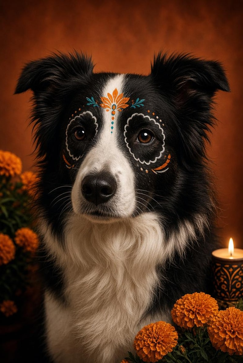 May include: A black and white Border Collie dog with intricate orange, white, and teal face paint designs around the eyes and forehead. The dog has brown eyes and is positioned near bright orange marigold flowers and a lit candle.