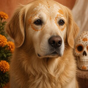 May include: A golden retriever with white and orange floral patterns painted around its eyes and across its forehead. The dog has light brown fur, dark eyes, and a dark nose, positioned in front of orange marigold flowers and a skull.
