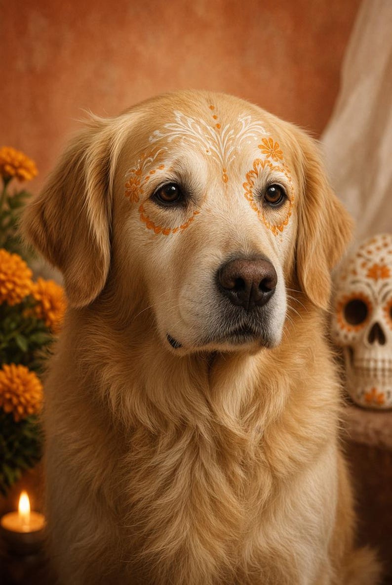 May include: A golden retriever with white and orange floral patterns painted around its eyes and across its forehead. The dog has light brown fur, dark eyes, and a dark nose, positioned in front of orange marigold flowers and a skull.