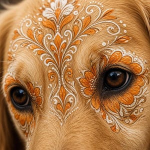 May include: A golden-furred dog with intricate white and orange floral patterns painted across its forehead and around its dark brown eyes. The symmetrical design features detailed filigree, swirling leaves, and petal motifs.