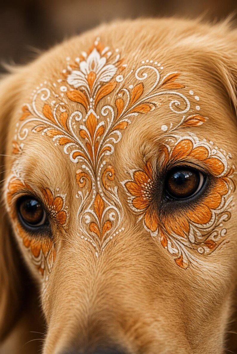 May include: A golden-furred dog with intricate white and orange floral patterns painted across its forehead and around its dark brown eyes. The symmetrical design features detailed filigree, swirling leaves, and petal motifs.