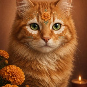 May include: A long-haired ginger cat with green eyes and intricate floral face paint featuring orange and white petals. The cat is positioned next to a cluster of bright orange marigold flowers and a small, lit brown candle in a terracotta pot.