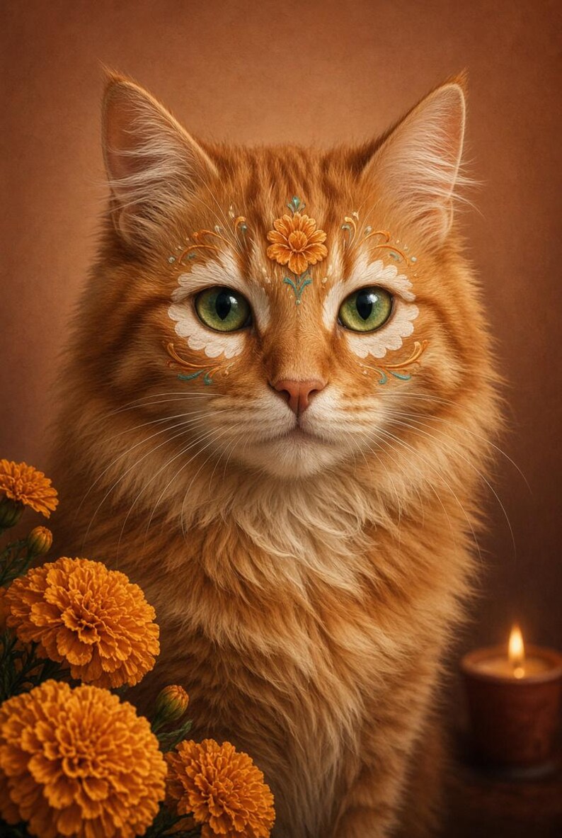 May include: A long-haired ginger cat with green eyes and intricate floral face paint featuring orange and white petals. The cat is positioned next to a cluster of bright orange marigold flowers and a small, lit brown candle in a terracotta pot.
