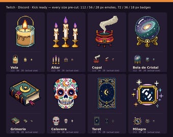 Twitch Emotes Pixel Art | 8 Bruja Emote Pack + Sub Badges | Day of the Dead Discord Emotes, Witchy Stream Decor | Instant Digital Download