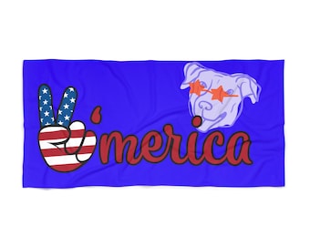 Merica peace sign and dog sunglasses Beach Towel | American flag summer towel
