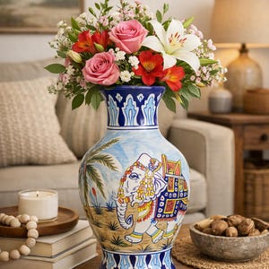 Hand Painted Blue Pottery Elephant Vase | Multan Pakistani Ceramic Art, Boho Decor
