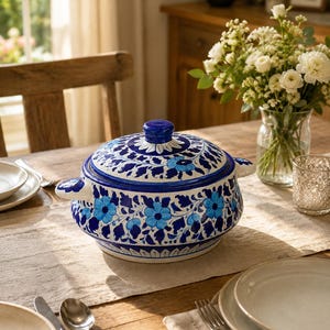 Può includere: Un piatto da portata in ceramica blu e bianca con coperchio, decorato con motivi floreali. Il piatto ha due manici e un pomello sul coperchio. È appoggiato su un tavolo di legno con un runner di colore neutro, insieme a piatti e posate.