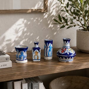 Hand Painted Pakistani Blue Pottery Vases Set – Boho Ceramic Decor, Collectible Shelf Art