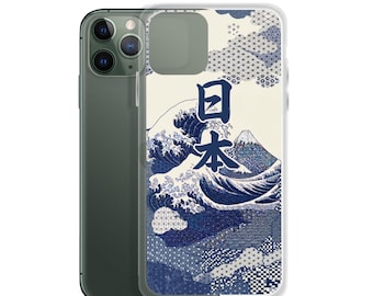 日本 波 富士山 和柄 iPhoneケース｜浮世絵風サークルデザイン モノクロアート