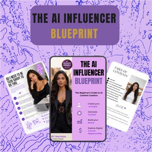 以下が含まれることがあります： The AI Influencer Blueprintというタイトルのデジタルガイド。初心者向けバッジ、黒いブレザーを着た人物の写真、AIアバターの作成、コンテンツ生成、ブランド構築、収益機会の探索に関するセクションが含まれています。