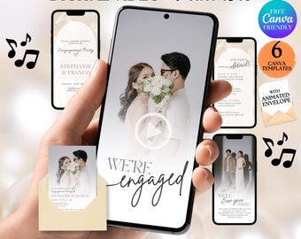 Convite de Noivado e Vídeo: Cartão "Estamos Noivos" para Imprimir, Convite de Casamento Minimalista Editável no Canva (Download Digital)