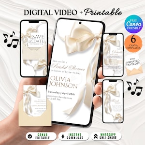 Einladung zur Brautparty „Coquette“: Einladung zur Brautparty mit weißer Schleife, klassische Einladung zur Brautparty mit animiertem Umschlag (Digitaler Download)