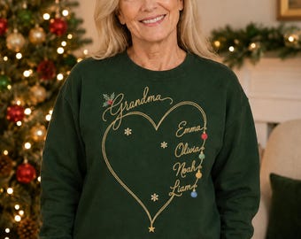 Personalized Grandma Christmas Sweatshirt, Ornament Heart with Grandkids’ Names, Grandmother Gift