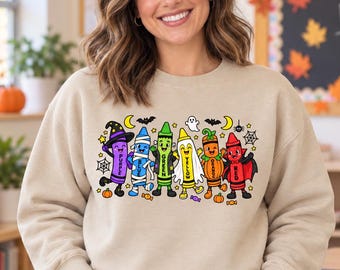 Halloween Crayon Sweatshirt: Preschool Teacher Costume, Cute Classroom Crewneck, Educator Gift
