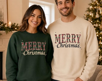 Merry Christmas Sweatshirt with Plaid Lettering, Unisex Crewneck