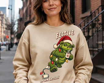 Festive on Low Battery Sweatshirt, Funny Christmas Crewneck, Holiday Burnout Coffee Gift for Her