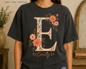 Personalized Birth Flower Shirt, Custom Name Monogram Comfort Colors Tee, Faux Embroidery Gift