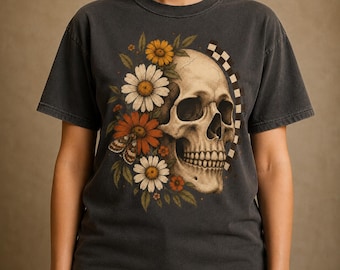 Floral Skull Halloween Shirt, Comfort Colors Gothic Botanical Tee with Moth and Checkerboard Art