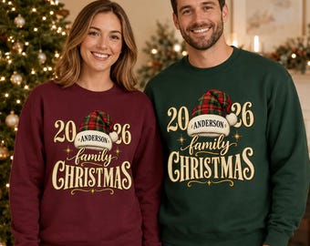 Personalized Matching Family Christmas Sweatshirt 2026: Custom Last Name, Plaid Santa Hat