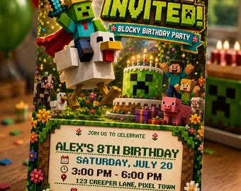 Editable Blocky Pixel Birthday Invitation, Video Game Party Invite (Digital Download)