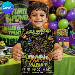 May include: A rectangular birthday party invitation featuring Teenage Mutant Ninja Turtles graphics, green slime accents, and the text Shell Shocked, Birthday Party Oliver's is Turning 9, Saturday August 15, 2:00 PM to 5:00 PM, 1234 Street, New York City.