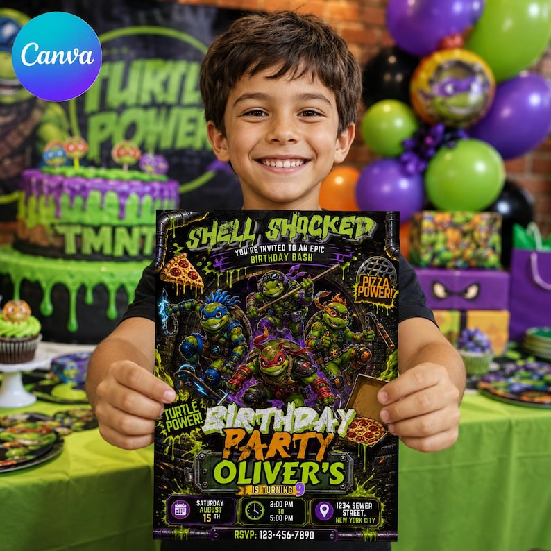 May include: A rectangular birthday party invitation featuring Teenage Mutant Ninja Turtles graphics, green slime accents, and the text Shell Shocked, Birthday Party Oliver's is Turning 9, Saturday August 15, 2:00 PM to 5:00 PM, 1234 Street, New York City.