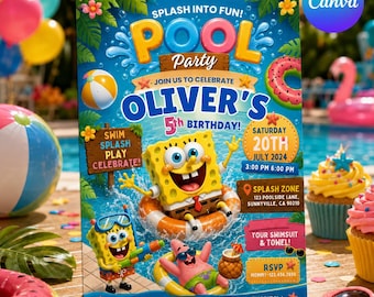 Sponge Cartoon Pool Party Invitation, Under the Sea Kids Birthday Template (Canva)