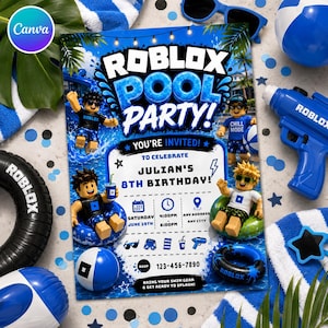Pode incluir: Um convite retangular para festa na piscina Roblox com gráficos de água azul, três personagens e texto incluindo ROBLOX POOL PARTY, YOU'RE INVITED, JULIAN'S 8TH BIRTHDAY, Saturday June 19th, 4:00PM-8:00PM, Any Address e 123-456-7890.