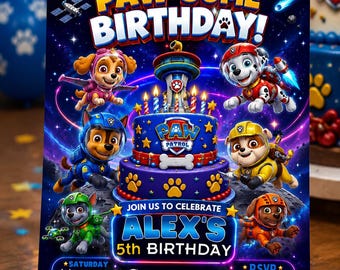 Editable Pawsome Space Puppy Birthday Invitation Template Canva, Outer Space Dog Rescue Party Invite, Kids Galaxy Pups Birthday Card