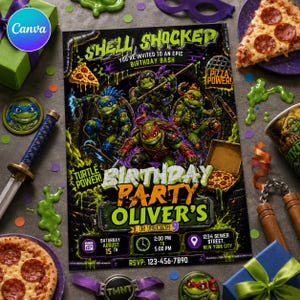 May include: A rectangular birthday party invitation for Oliver turning 9, featuring four Teenage Mutant Ninja Turtles, green slime graphics, and pizza illustrations. The text includes Shell Shocked, Pizza Power, Turtle Power, and event details.