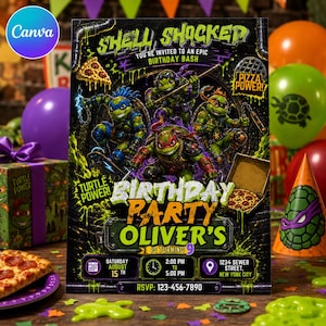 May include: A rectangular birthday party invitation featuring four green turtle characters in a sewer setting. The text reads Shell Shocked, Pizza Power, Turtle Power, Birthday Party, Oliver's is turning 9, Saturday August 15th, 2:00 PM to 5:00 PM, 1234 Sewer Street, New York City, and RSVP 123-456-7890.