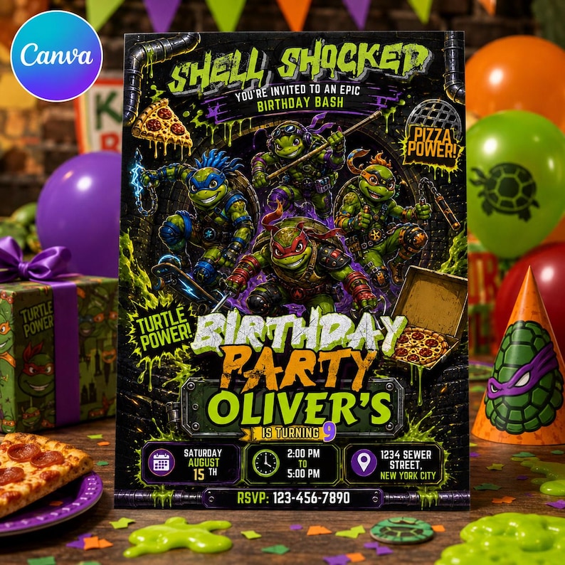 May include: A rectangular birthday party invitation featuring four green turtle characters in a sewer setting. The text reads Shell Shocked, Pizza Power, Turtle Power, Birthday Party, Oliver's is turning 9, Saturday August 15th, 2:00 PM to 5:00 PM, 1234 Sewer Street, New York City, and RSVP 123-456-7890.