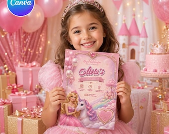 Princess Unicorn Birthday Invitation Template, Barbie Royal Castle Party Invite (Digital Download)
