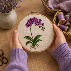 May include: A completed cross-stitch embroidery of a purple orchid flower in a wooden hoop. The flower has green leaves and roots. The background is a light beige fabric. The hoop is held by a person wearing a purple sweater.