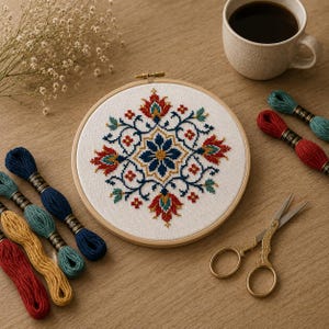 Turkish Floral Cross Stitch Pattern, Ottoman Pillow Chart (PDF Download)