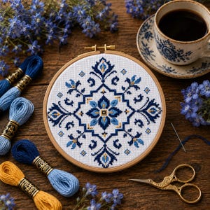 May include: A circular wooden embroidery hoop containing white fabric with a symmetrical cross-stitch pattern in shades of dark blue, light blue, and gold. The design features a central floral motif surrounded by intricate geometric flourishes.
