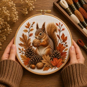 May include: A cross-stitch embroidery featuring a detailed squirrel holding a nut, surrounded by autumn leaves and pinecones. The design is set in a wooden embroidery hoop. The color palette includes shades of brown, orange, and beige.