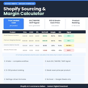 Shopify Profit Calculator | Product Sourcing & Margin Tracker | Dropshipping Spreadsheet | E-commerce Pricing Tool | Google Sheets Template