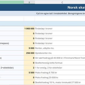 Può includere: Un foglio di calcolo norvegese "Norsk skattekalkulator 2026". Il documento include sezioni per reddito, detrazioni e calcoli. La parte superiore ha un'intestazione blu e i dati sono organizzati in righe e colonne.