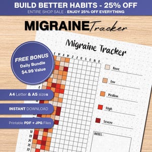 May include: A printable Migraine Tracker document featuring a grid for tracking symptoms by month and day. The layout includes a color-coded legend with squares ranging from light tan to dark red, labeled None, Low, Medium, High, and Severe.