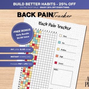 Pode incluir: Um documento imprimível Back Pain Tracker com uma grade para rastrear níveis de dor ao longo de meses e dias. O layout inclui uma legenda codificada por cores com quadrados brancos, azuis, amarelos, laranjas e vermelhos e uma seção de notas.
