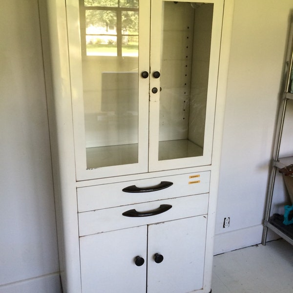 FREE SHIPPING  Vintage steel Hamilton medical cabinet with original glass shelves.